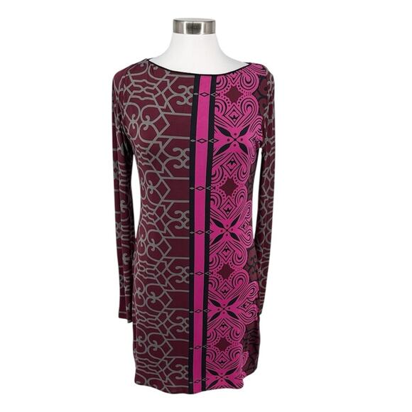 Analili Womens Long Sleeve Stretch Knit Dress Pink Wine Gray Black Medallion L - Picture 1 of 16